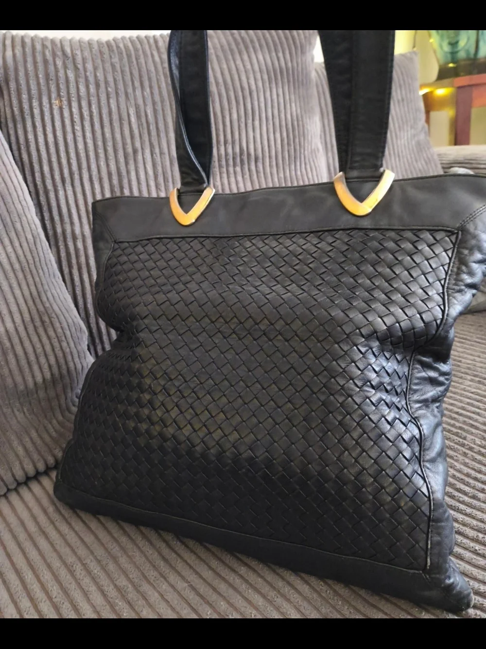 Classic Vintage Black Genuine Leather Woven Intrecciato Large Slouchy L Tote Bag